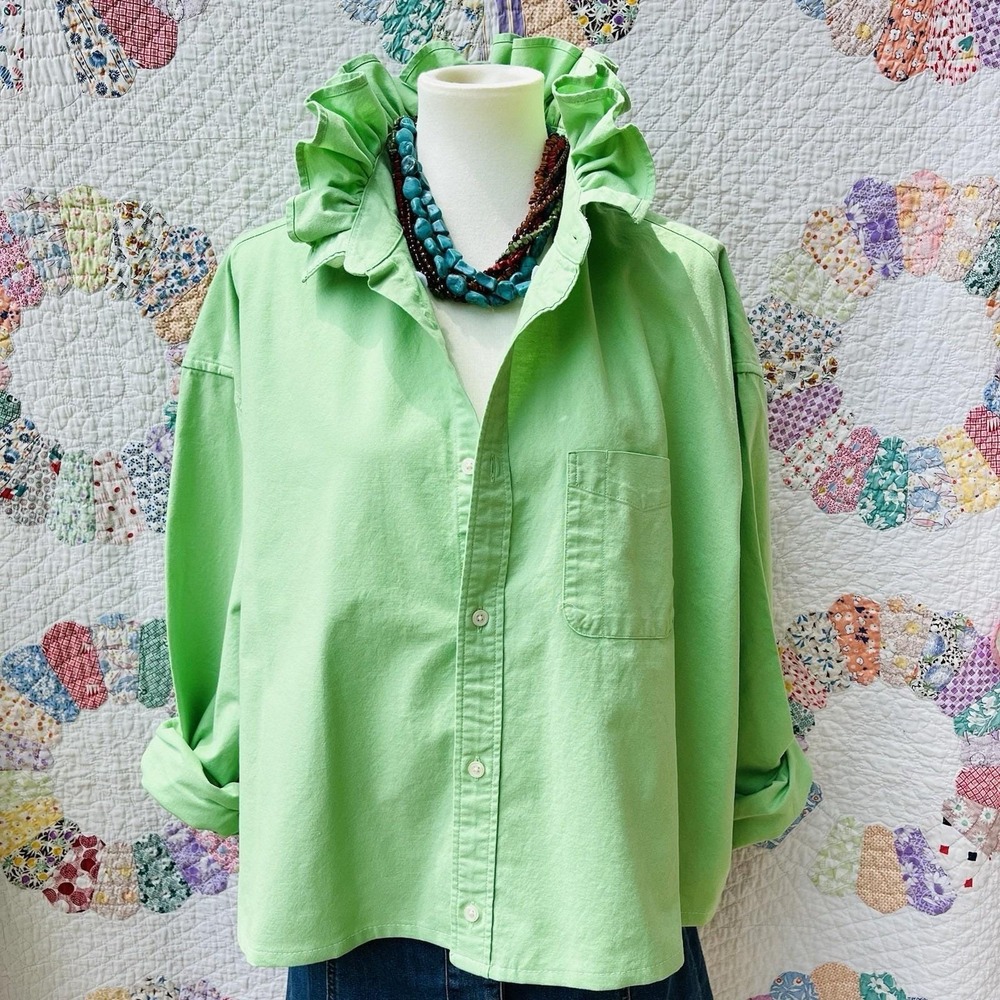 Upcycled Cape Cod GAP Lime Green Oxford Cloth Cropped Ruffle Collar Shirt‎ XXL - Picture 3 of 10